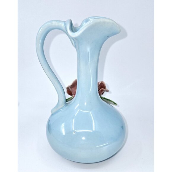 California Pottery Blue Pitcher W/Rose - Picture 6 of 8